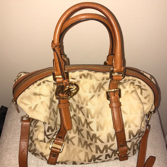 MICHAEL Michael Kors Handbags - !SALE! MICHAEL KORS MK TAN LEATHER CANVAS TOTE